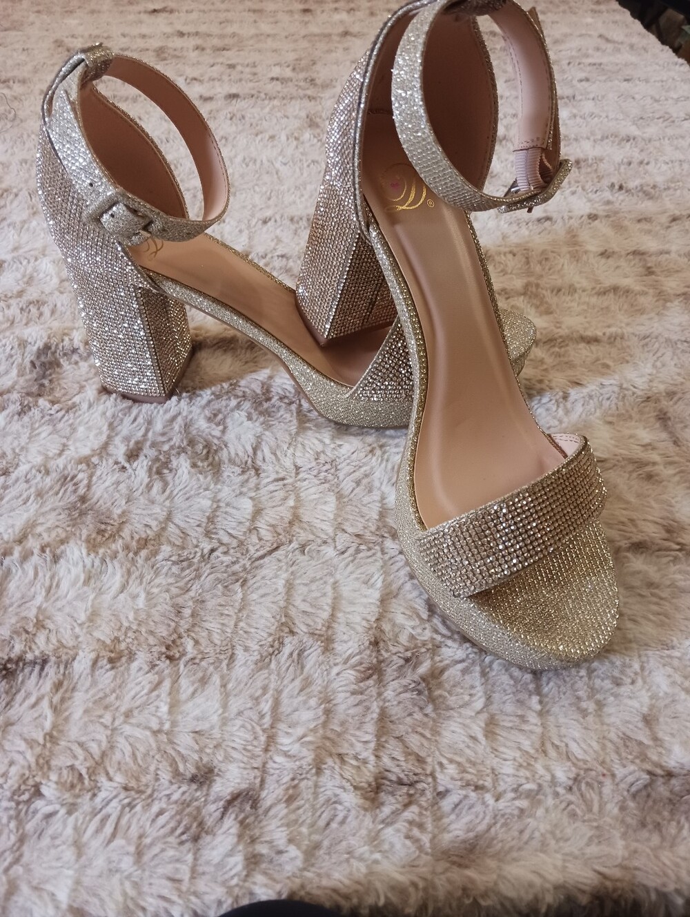Sparkle Ankle-Strap Block Heel Sandals - Gold